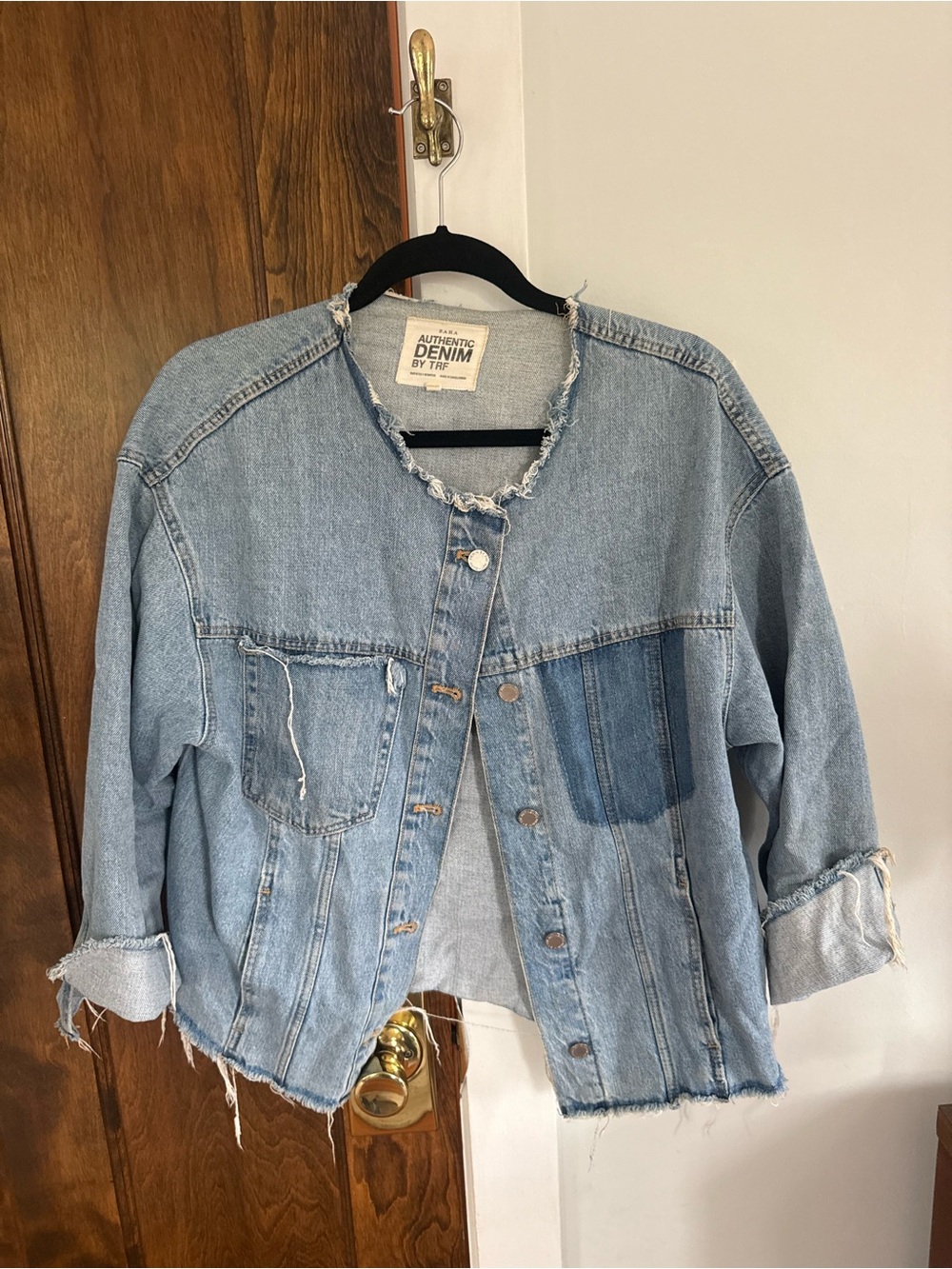 Zara Light Blue Distressed Collarless Denim Jacket